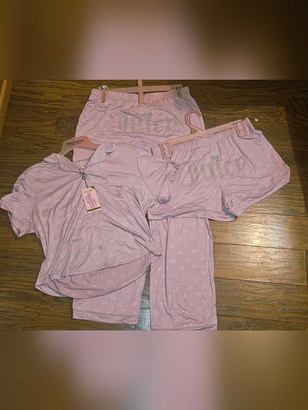 Juicy Couture Women's Pink Rhinestone 3 Piece Logo Pajama Set